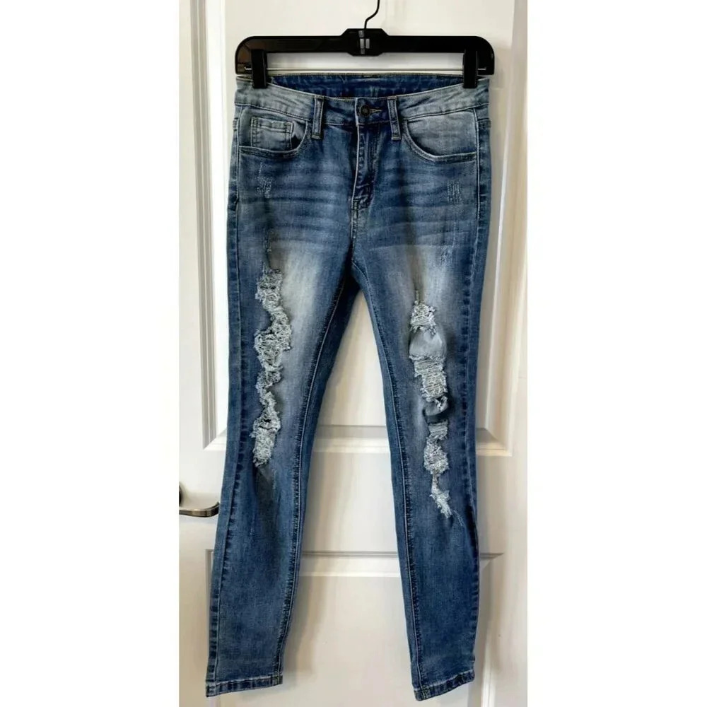 Nature Denim Mid Rise Skinny Blue Jeans Womens Size 26 Distressed stretch NWOT